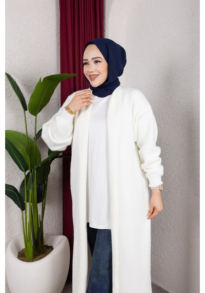 Hira Life Fashion Kadın Şal Yaka Uzun Triko Ve Sakallı Tüylü Hırka Krem Krem