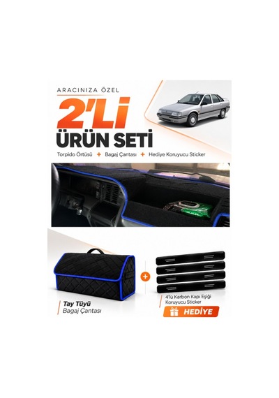 Renault 21 Manager 1990-1996 Uyumlu Torpido Örtüsü + Tay Tüyü Bagaj Çantası + Sticker - Siyah Mavi