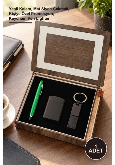 1 Adet Ahşap Kutulu Kalem Anahtarlık Çakmak Seti Yeşil Kalem, Mat Siyah Çakmak, Kişiye Özel Promosyon, Keychain Pen Lighter