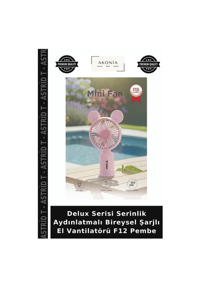 Delux Serisi Serinlik Aydınlatmalı Bireysel Şarjlı El Vantilatörü F12 Pembe