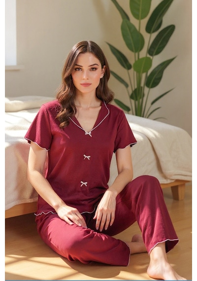 Bella Notte Pamuklu Bordo V Yaka Yazlık Pijama Takımı