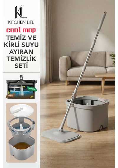 Akıllı Hazne Özellikli Kirli Suyu Ayıran Çift Kovalı Otomatik Temizlik Seti - Mop Paspas