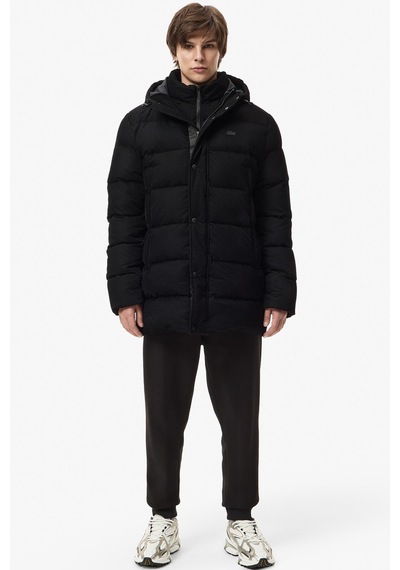 Lacoste Down Fill Mens Jacket Sabit Kapüşonlu Kaz Tüyü Erkek Fitilli Mont Siyah