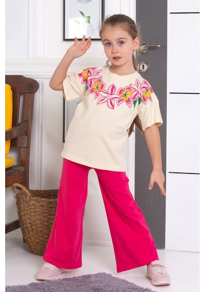 Tunays Shopping İspanyol Paça Tayt Pantolon Çiçek Baskılı Oversize Tshirt Kız Çocuk Alt Üst Takım Fuşya