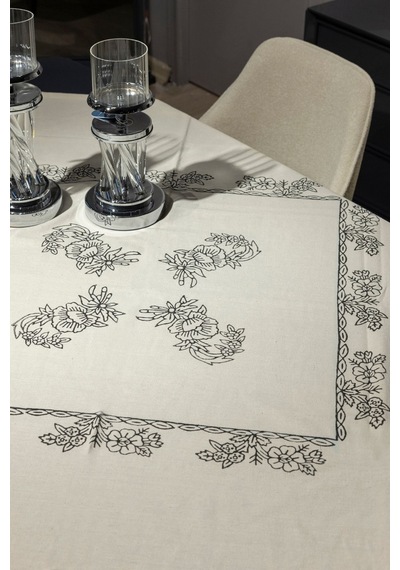 Doğal Pamuk Keten Kare Masa Örtüsü - 155x155 Cm, El Baskılı Şık Tasarım Beyaz - 677356837 Beyaz