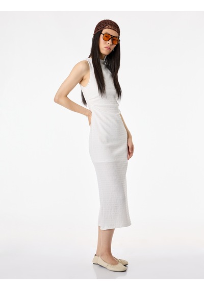 Koton Bürümcük Kolsuz Dik Yaka Midi Bodycon Elbise Ekru 6sal80003ık