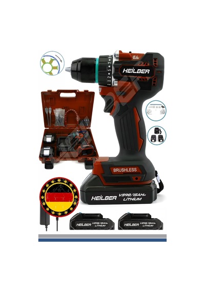 Heilber Ba01013k Alman Max V998 15ahm Bakır Sargılı Çift Batarya Akülü Vidalama Çelik Şanzıman Şarjlı Matkap