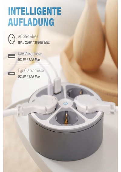 Priz 4 Bölmeli 2 Usb Grişli Yuvarlak Çoklu Grup Priz Çocuk Korumalı Anahtarlı 1.5 Metre Kablolu 1
