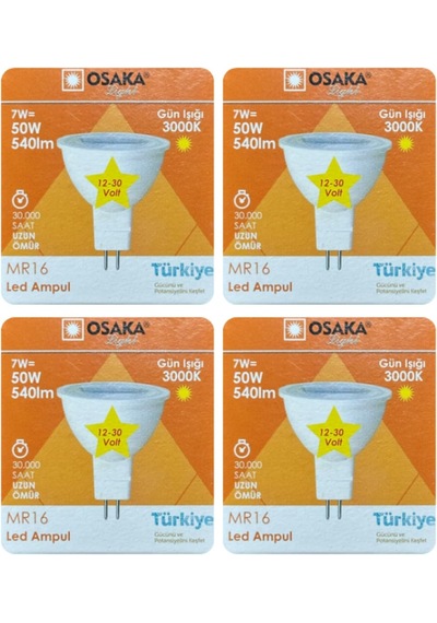 12v 7w 50w Sarı 3000k Gu5.3 Led Spot Ampul, 4 Adet Diğer
