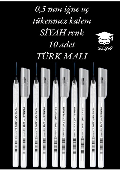 0.5 Mm Iğne Uç Siyah Tükenmez Kalem 10 Adet Yeni Seri Yeni Üretim Türk Malı Pensan 2305 Siyah Siyah