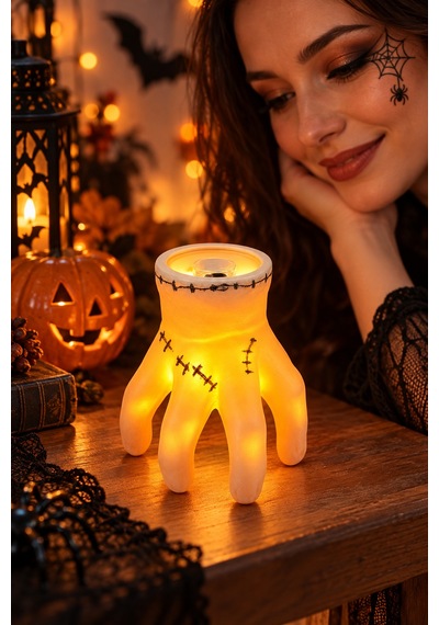 Halloween Cadılar Bayramı Işıklı El Dekoru Dikiş Detaylı Turuncu Led El Süsü 8 Cm Masa Oda Süsü Renkli