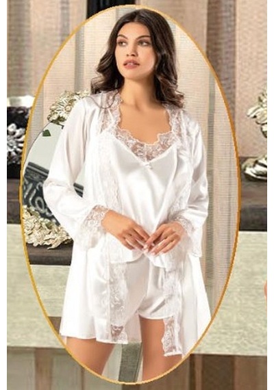 Xses 2165 Kadın Saten Empirme Sabahlıklı 4'lü Pijama Takım-ekru Ekru