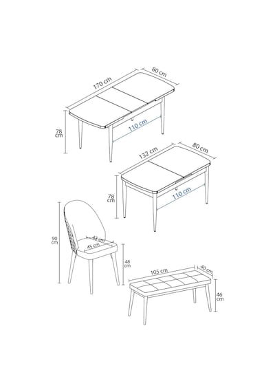 Milas Beyaz 80x132 Mdf Açılabilir Yemek Masası Takımı 4 Sandalye, 1 Bench Krem