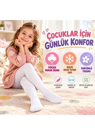 S'82 Çocuk Beyaz Külotlu 3'lü Çorap Yüksek Pamuklu Kışlık Parfümlü Okul Çorabı Esnek Rahat
