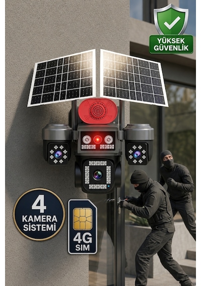 Viva Sim-840 Çift Güneş Panelli 4g Sim Kartlı Kablosuz 4 Lensli Güvenlik Kamerası 16mp Ptz 128gb Hafıza Kart Dahil Dahil