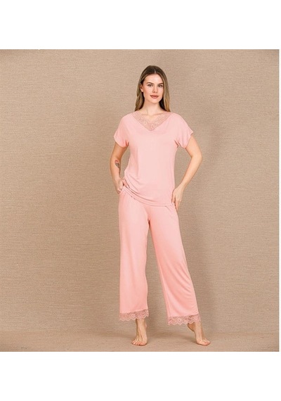 Online Kapsulavm Avm Alışveriş Kapsulavm Viskon Şık Tasarım Dantel İşlemeli Açık Pembe Kısa Kol Pijama Takımı