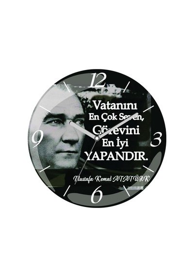 Atatürk Vatanını Seven Sözü Çap 30cm Sessiz Akar Bombeli Gerçek Cam Duvar Saati Siyah