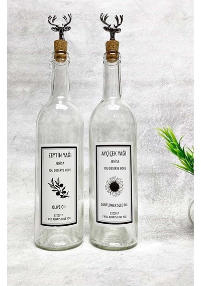 Tr Siyah Geyik Tıpalı Şeffaf Cam Şişe 2'li 750 Ml Zeytinyağı Sıvıyağ Etiketli Yağdanlık Yağlık Genel