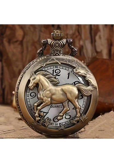 Kişiye Özel At Figürlü Antik Bronz Cep Saati Nostaljik Quartz Zincirli Saat
