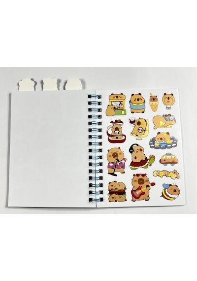 3'ü 1 Arada Spiral Defter Capybara 11x16.5 Cm Sticker Defteri Mavi Çok Renkli