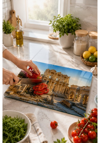 Gökçeoğlu Cam Kesme Tahtası İzmir Efes Antik Kenti Temalı - Cam Kesme Tablası 30cm X 40cm Beyaz