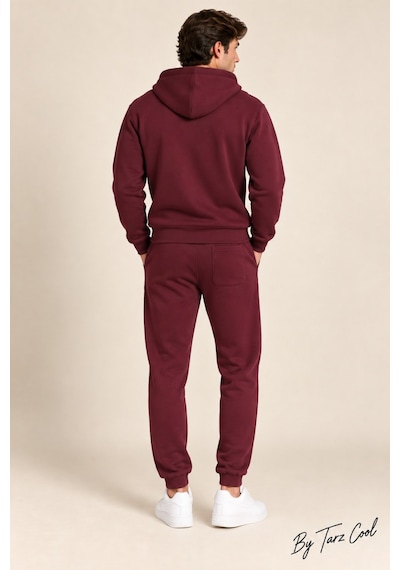 Tarz Cool Erkek 3 İplik Şardonlu Pamuklu Fermuarlı Kapüşonlu Eşofman Takımı Basic Jogger Alt Üst Takım Bordo