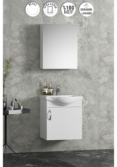 Yıldız Asma 45 Cm Beyaz Mdf Seramik Lavabolu Banyo Dolabı Takımı Beyaz