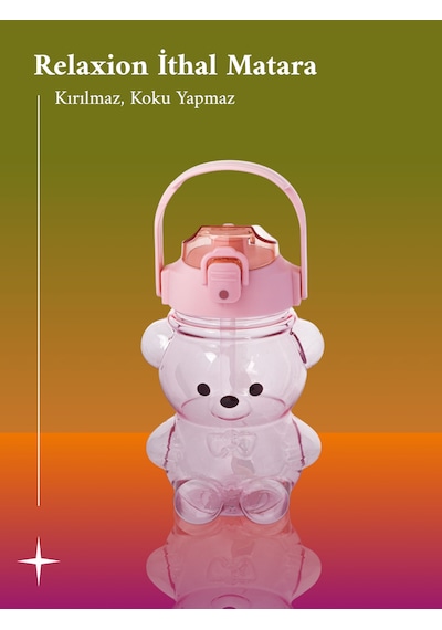 Relaxion Boyun Askılıklı, Hediyeli, İthal Lüx Pembe Ayıcıklı Matara 1100 Ml. 449 Açık Pembe
