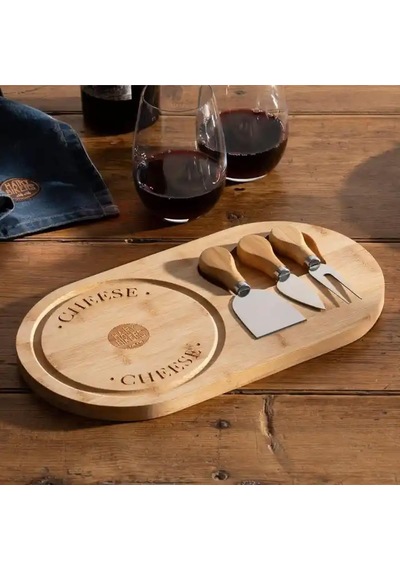 Bambu Peynir Sunum Tabağı, 3 Parça Peynir Bıçağı Ve Çatalı Seti, Toplam 4 Parça, Doğal Ve Şık Peynir Tabağı, Kaliteli Sunum Seti 34x20 Cm Ebatlarında Çok renkli