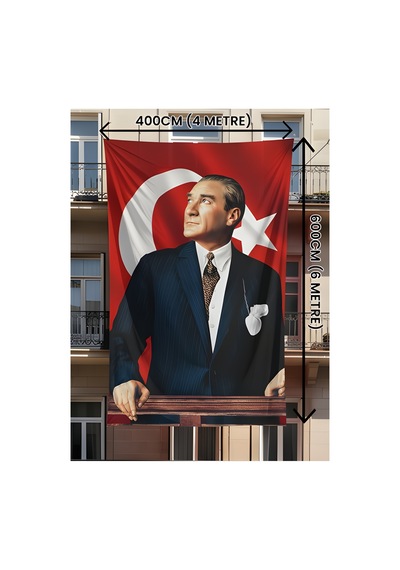 400x600 Cm Dijital Atatürk Baskılı Türk Bayrağı Raşel Kumaş, Çift Dikiş, Solmaz Renk 400 x 600 CM