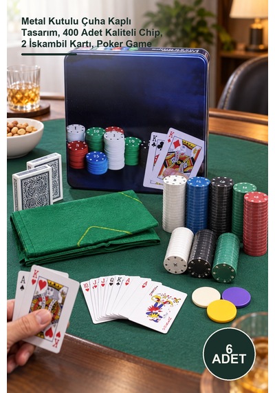 6 Adet Poker Oyunu Seti Metal Kutulu Çuha Kaplı Tasarım, 400 Adet Kaliteli Chip, 2 İskambil Kartı, Poker Game