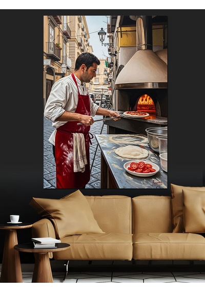 Ahşap Tablo Pizza Yapan Fırıncı Ustası