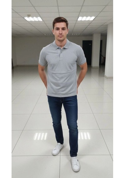 Erkek Polo Yaka Düğmeli Pike Kumaş Tişört Regular Fit Kısa Kol T-shirt - Gri