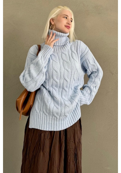 Madmext Mavi Boğazlı Triko Kazak Mg2376 Mavi