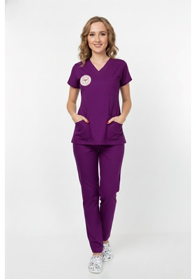 Unisex Byzantium Mor Soft Likra Scrubs Ebe Üniforma Takımı Sağlık Bakanlığı Yeni Yönetmeliğe Uygun Mor