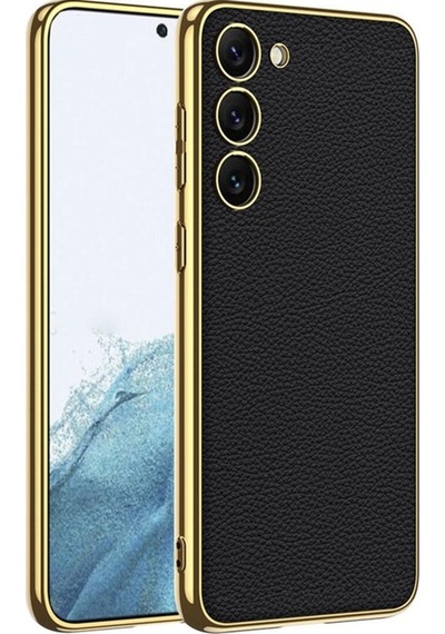 Galaxy S23 Plus Kılıf Deri Görünümlü Kenarları Elektroplating Kaplama Zore Fizyon Kapak Siyah