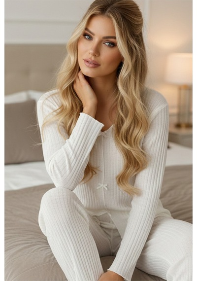 Siyah İnci Fitilli Kaşkorse Uzun Kollu Pijama Takım 7937 Ekru
