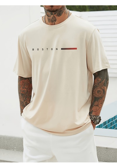 Unisex Boston Tasarım Basklı Tshirt Bej