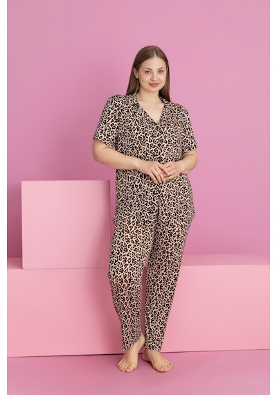 Rindahomewear Büyük Beden Leopar Desen Milan Düğmeli Pijama Takımı Kahverengi