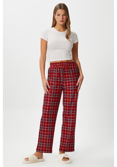 Ritnice Kadın Teddi Ultra Yumuşak Cepli Kırmızı Ekose Desen Yılbaşı Pijama Altı Koyukırmızı Koyu Kırmızı