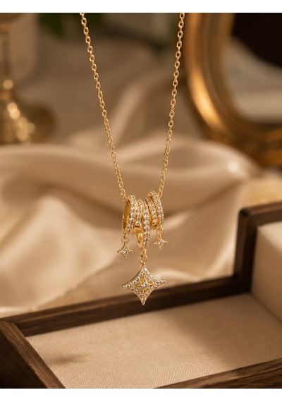 Luis Çelik Charm Kolye Zirkon Taşlı Altın Renk 40+5 Cm
