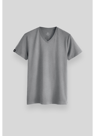 Tommylife Gri Melanj Basic Kısa Kol Standart Kalıp V Yaka Erkek T-shirt - 87912 Gri Melanj