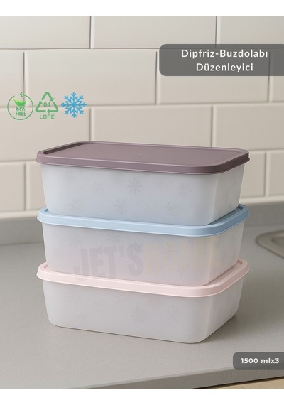 3'lü Dipfriz Saklama Kabı - No Frost Silikon Kapaklı Derin Dondurucu Düzenleyici - Bpa Free - 1500 Ml Şeffaf