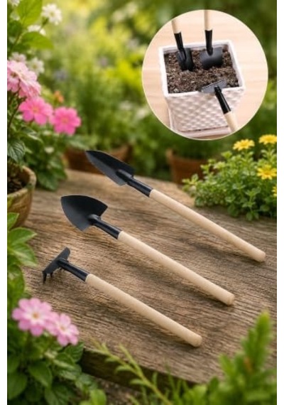 Metal 3 Parça Mini Bitki Bahçe Hobi Saksı Bakım Kazma Kürek Tırmık Set Cin702