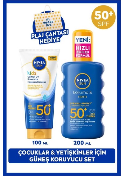 Sun Spf50 Çocuklara Özel Yüksek Güneş Koruyucu Krem Ve Nemlendirici Sprey, Plaj Çantası Hediye