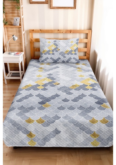 Geometrik Gri Genç Odası Tek Kişilik Dekoratif Pike Takımı - Gold 160x220 Cm Kapitone Yatak Örtüsü Kırık Vadi Aralığı