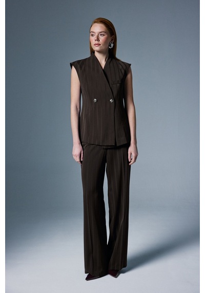 Sateen Anna Çizgili Pantolon - Kahve-137089 Kahve