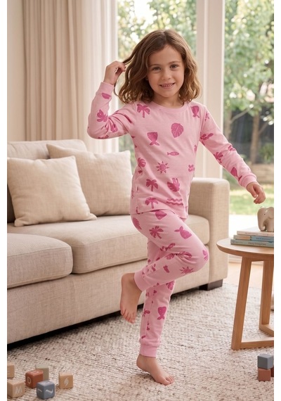 Zuzunga Deniz Temalı Pembe Renk %100 Pamuk Kız Çocuk Pijama Takımı Pudra