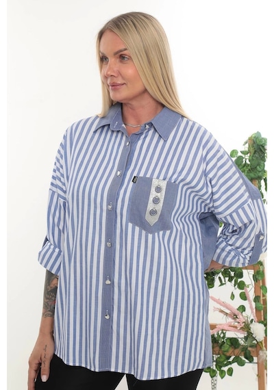 Lady Majestic %100 Cotton Rahat Kalıp Çizgili Büyük Beden Kadın Uzun Kollu Gömlek Mavi