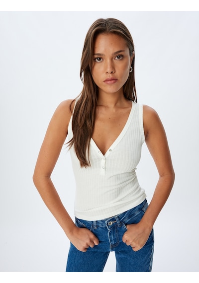 Koton V Yaka Atlet Dokulu Çıt Çıt Düğme Kapamalı Slim Fit Beyaz 4sak10975ek